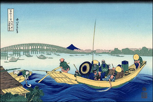 Katsushika Hokusai: Zonsondergang bij de Ryogoku-brug