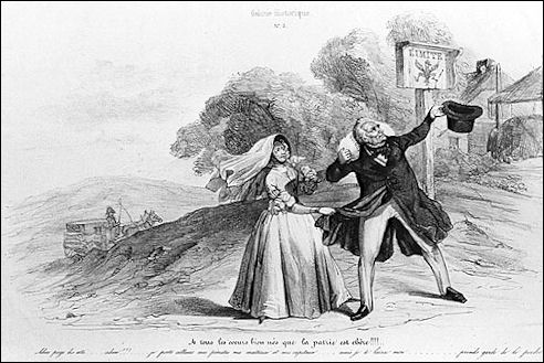 Spotprent over het vertrek van Willem I met Henriette naar Pruisen